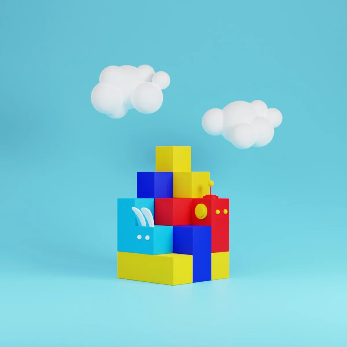 3D Riddle block-creature made of stacked primary-colored cubes
