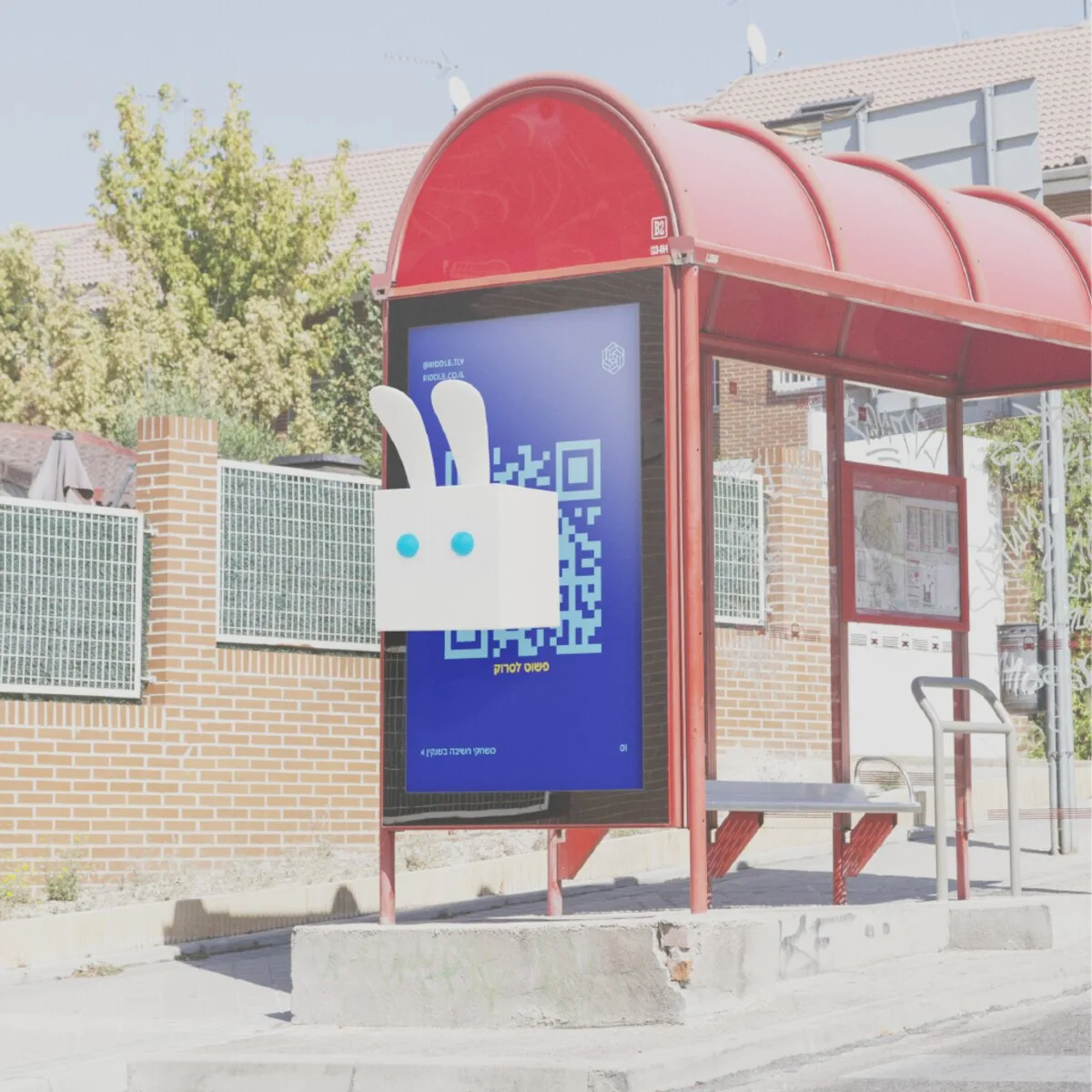 Riddle out-of-home poster on a bus shelter with a large scannable code and 'just scan' message